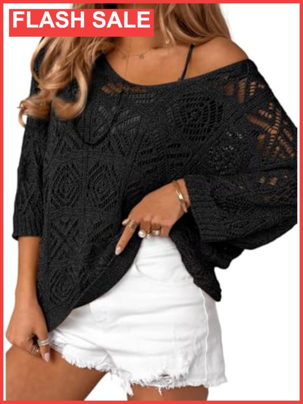Crochet Hollow Out 3/4 Sleeve Pullover Off Shoulder Sweater Coverup